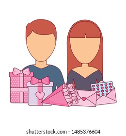 young couple lovely with gift boxes and bouquet flowers