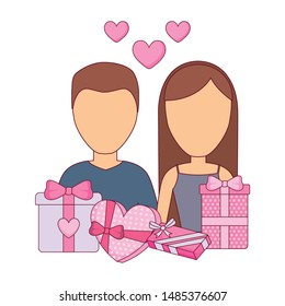young couple lovely with gift boxes