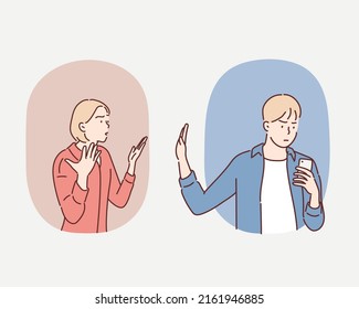 young couple lover fighting for a smart phone.Hand drawn style vector design illustrations.