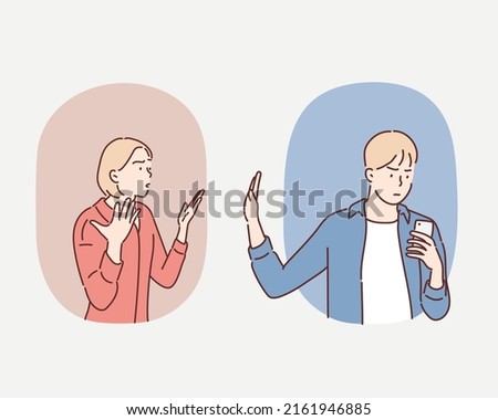 young couple lover fighting for a smart phone.Hand drawn style vector design illustrations.