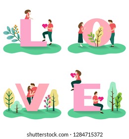 Young couple lover with L-O-V-E alphabets, flat cartoon characters for Valentine's Day, cards, anniversary, gift wrap, textile, book cover, and other designs. Vector illustration.