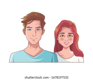 young couple lovers avatars characters vector illustration design