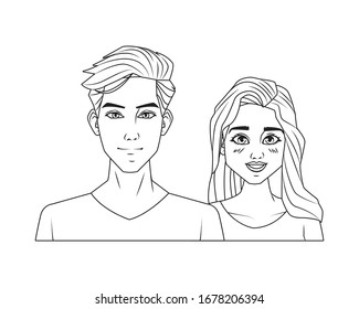 young couple lovers avatars characters vector illustration design