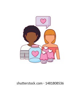 young couple lovers with cupcake and icons