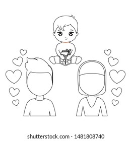 young couple lovers with cupid and hearts