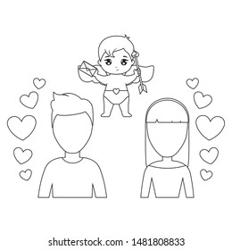 young couple lovers with cupid and hearts