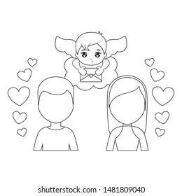 young couple lovers with cupid and hearts