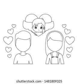 young couple lovers with cupid and hearts