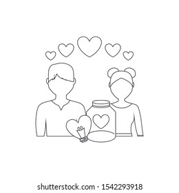 young couple lovers with hearts and icons vector illustration design