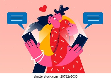 Young Couple Lovers Hug Text Message Online On Smartphone Behind Each Other Back. Man And Woman Cheating On Internet On Cellphone. Disloyalty In Relationship. Flat Vector Illustration. 