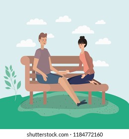 young couple lovers sitting on park chair