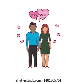 young couple lovers with speech bubbles and hearts