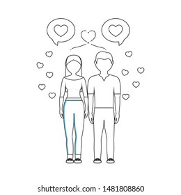 young couple lovers with speech bubbles and hearts
