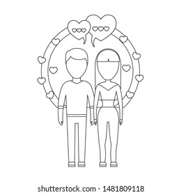young couple lovers with speech bubbles and hearts