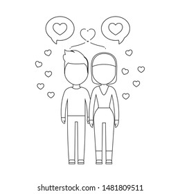 young couple lovers with speech bubbles and hearts