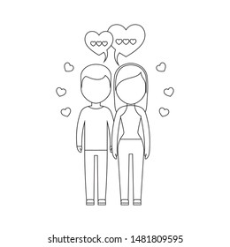 young couple lovers with speech bubbles and hearts
