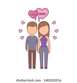 young couple lovers with speech bubbles and hearts