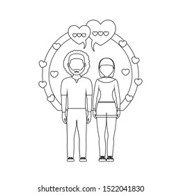 young couple lovers with speech bubbles and hearts vector illustration design