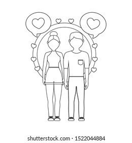 young couple lovers with speech bubbles and hearts vector illustration design