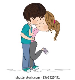 Young couple of lovers standing, hugging and kissing. Original hand drawn illustration.