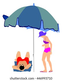 Young couple lovers sunbathing on the beach vector illustration. Camping picnic by the sea. Summer sunny day. People on date in swimwear and bikini with parasol. Girlfriend and boyfriend in love.