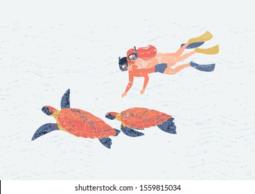 a young couple of lovers swim underwater with a pair of turtles. A woman and a man dive into the sea and watch turtles.