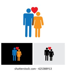 young couple of lovers vector icon ( symbol ) with heart sign of boy & girl or husband and wife or bride and bridegroom
