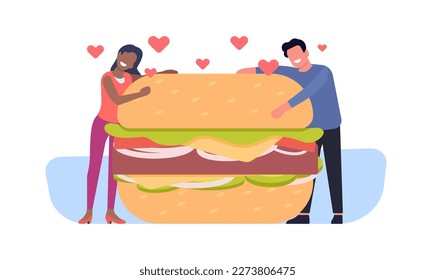 Young couple lovingly hugging yummy burger. Unhealthy snack. Man and woman cuddling hamburger. Love hearts. Fast food. Big bread bun with meat. Harmful diet. Fat lunch