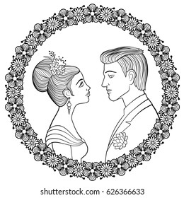 Young couple of lowers looking to each other in decorative floral frame. Woman with hairstyle decorated with flowers in evening dress and man with boutonniere. Antistress coloring page for adults.