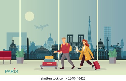 Young couple with Luggage at the airport. Against the background of an abstract panorama of the Paris attractions.