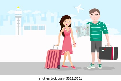 A young couple with luggage go on a trip. Girl with a suitcase on wheels. Man looking map. Tourists are preparing for the holiday. Family travel. The plane flies in the sky. Flat illustration. Vector.