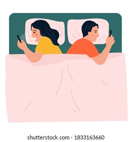 Una pareja joven tendida en una cama usando un smartphone navegando por Internet. Ilustración vectorial en estilo de caricatura
