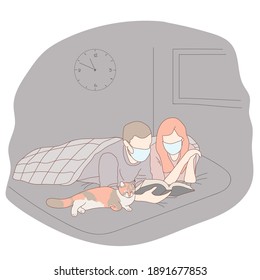 Una pareja joven tendida en la cama con un gato en casa en cuarentena. Esposo y esposa calladamente en un ambiente acogedor y familiar en cuarentena con máscaras protectoras. Ilustración del vector