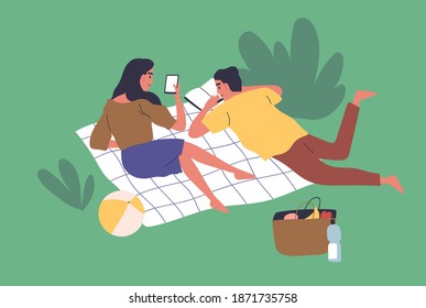 Young couple lying on blanket in park together and enjoying summer picnic. Scene of recreation and leisure outdoors. Flat vector cartoon illustration of cute family relaxing and reading