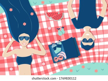 Young couple lying on plaid picnic blanket in park. Man and woman wearing sunglasses. Picnic basket with fruit, snacks, and fresh water. Bright summer vector illustration