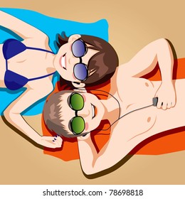Young couple lying on towels on the beach listening to music sharing earphones