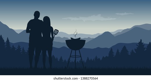 young couple makes a barbeque in the nature landscape with mountain view vector illustration EPS10