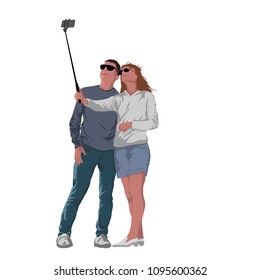 Young couple makes a selfie photo on their mobile phone. A guy and a girl making photo by their self. The isolated image on a white background. faces changed to abstract