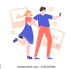 Young couple makes selfie with a smartphone. Influence marketing, bloggers and social networks. A guy and a girl on a date shoot stories. Vector flat illustration with characters.