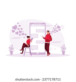 Young couple making an online call against the background of flying hearts. Online Dating concept. Trend Modern vector flat illustration