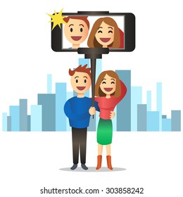 Young couple making self portrait using selfie stick. Vector cartoon illustration.