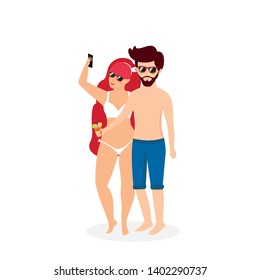 Young Couple Making Selfie and Drinking Cocktail, Loving Characters in Swim Wear Summertime Vacation Isolated on White Background, Summer Time Leisure. Cartoon Flat Vector Illustration, Clip Art