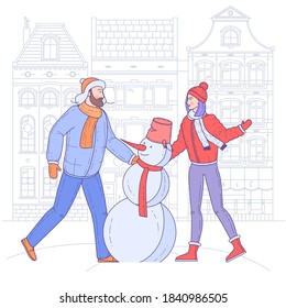 Young couple are making snowman on the old town urban background. Flat design outline vectror concept for christmas winter activies.