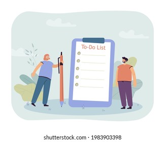 Young couple making to-do list. Tiny cartoon characters with pencil and clipboard flat vector illustration. Time management, productivity concept for banner, website design or landing web page