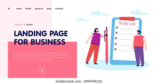 Young couple making to-do list. Tiny cartoon characters with pencil and clipboard flat vector illustration. Time management, productivity concept for banner, website design or landing web page