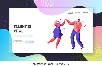 Young Couple of Male and Female Characters Singing Song with Microphones in Hands. Talent Show Duet, Karaoke Club Performance. Website Landing Page, Web Page Cartoon Flat Vector Illustration, Banner