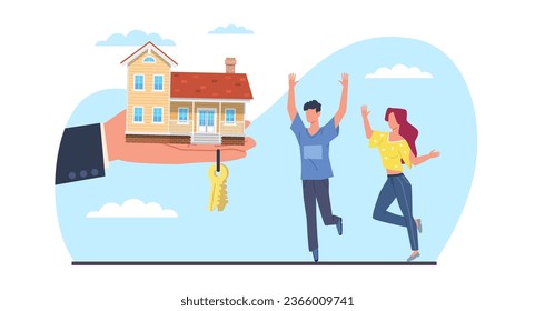 La pareja joven, hombre y mujer, consigue la casa con las llaves de un agente inmobiliario. Comprar una propiedad. La familia y el agente inmobiliario. Préstamo hipotecario en el banco. Concepto vectorial aislado de estilo plano de caricatura