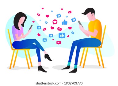 Young Couple Male and Female Man and Woman sending love messages on the cellphone Vector Idea Illustration