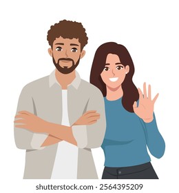 Young couple of man in business clothes and woman dressed in casual style. Flat Vector character illustration