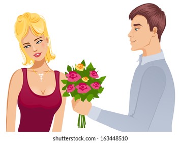 Young couple. Man gives a bouquet of roses to woman